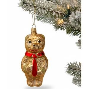 VTG Kurt Adler Glass Gold Teddy Bear Christmas Ornament Red Tie in Original Box